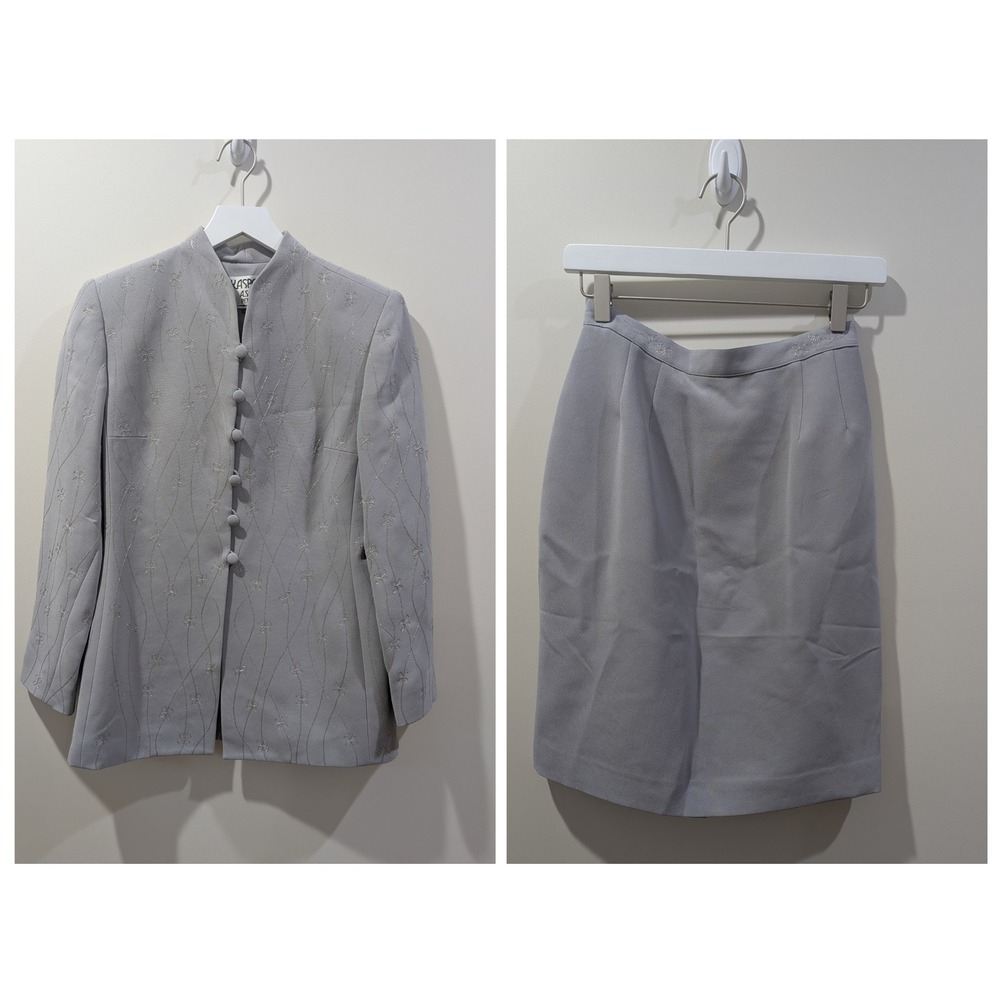 Kasper ASL Petite Skirt Suit Set Grey Floral Embroidered Blazer 4P